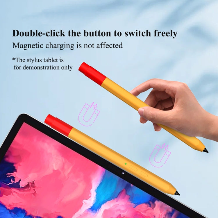 Orange liquid silicone stylus case with red top, held in hand; pen tip pointed forward.
