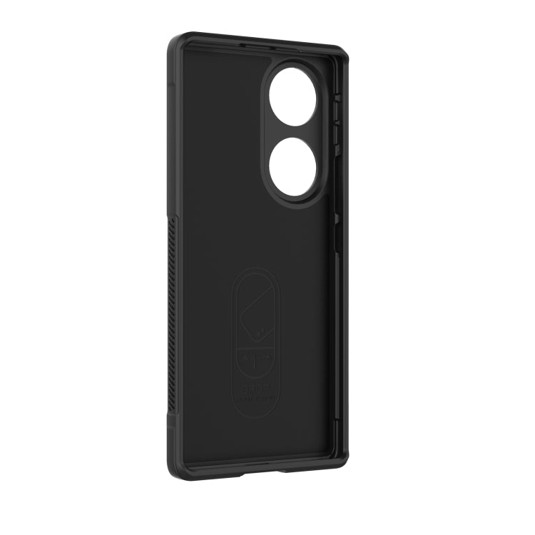 Black protective phone case back with camera cutouts and embossed shield logo.