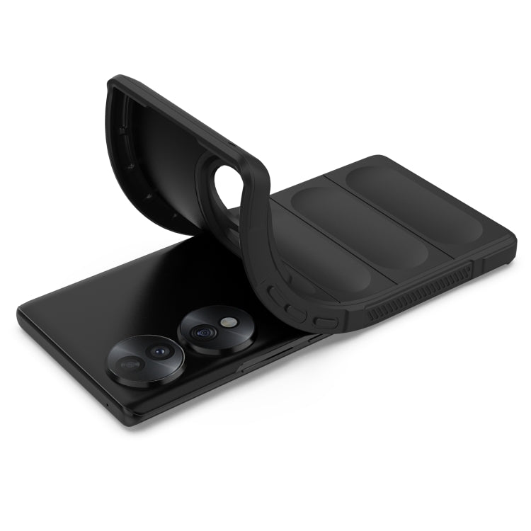 Black protective phone case with front cover propped open for viewing.