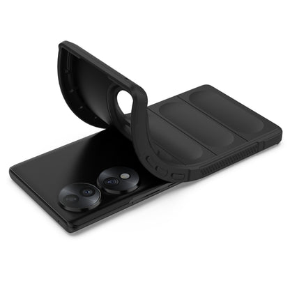 Black protective phone case with front cover propped open for viewing.