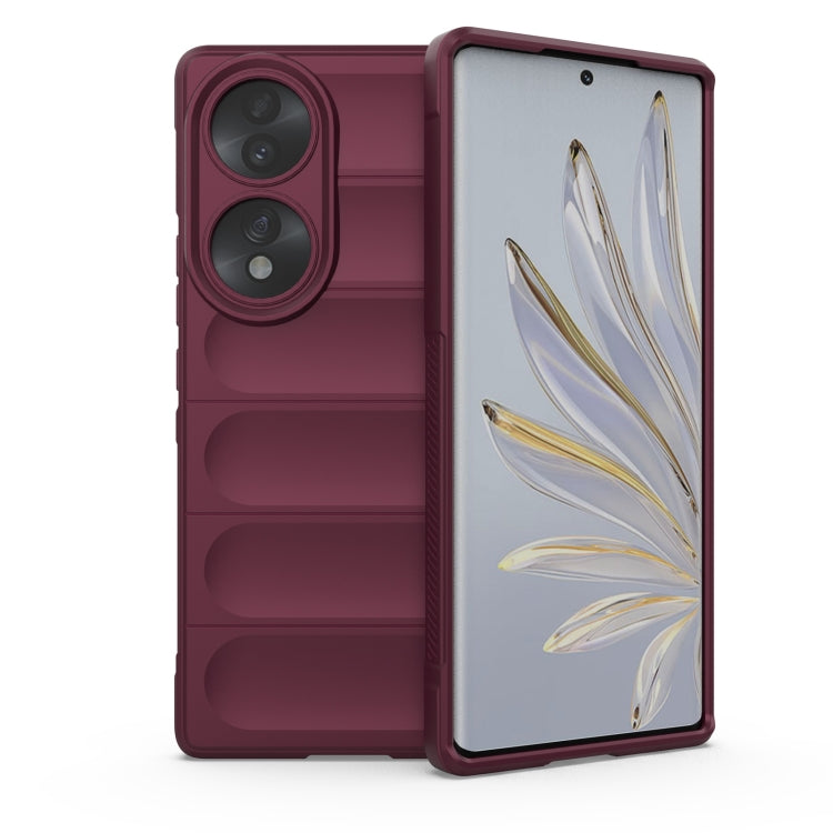 Wine red protective phone case with camera cutouts and open front cover.