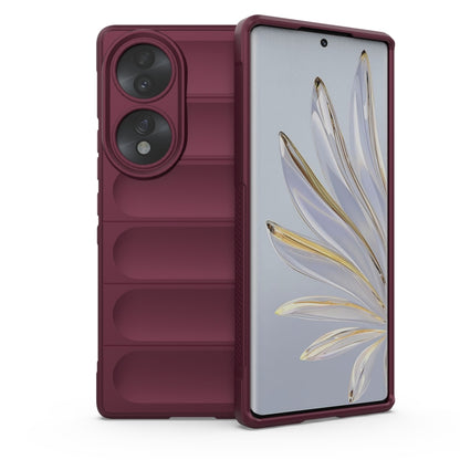 Wine red protective phone case with camera cutouts and open front cover.