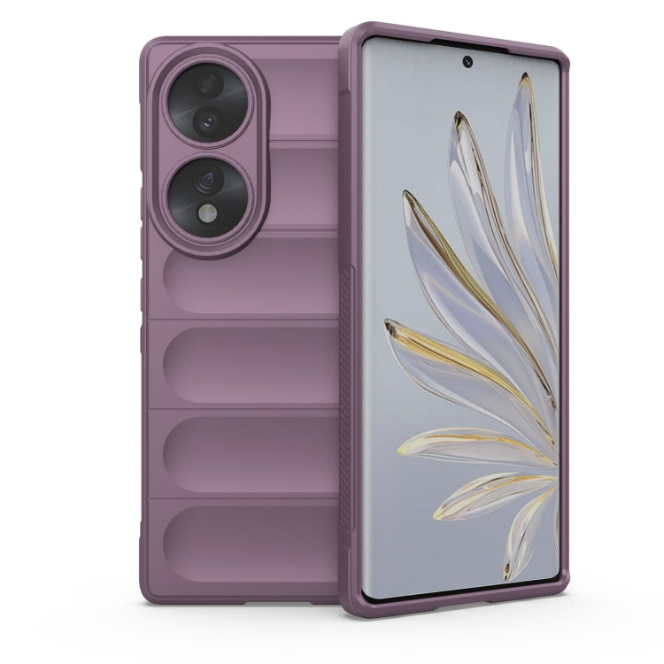 Purple protective phone case with camera cutouts and open front cover.