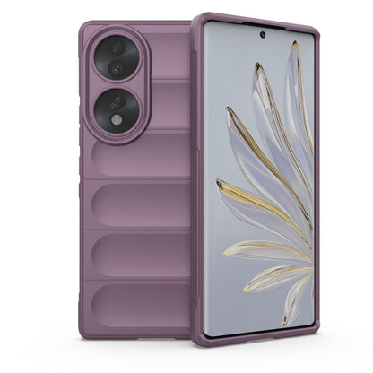 Purple protective phone case with camera cutouts and open front cover.