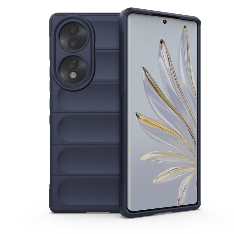 Dark blue protective phone case with camera cutouts and open front cover.
