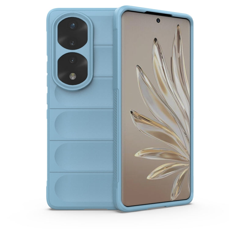 Light blue phone case with camera and button cutouts and raised edges