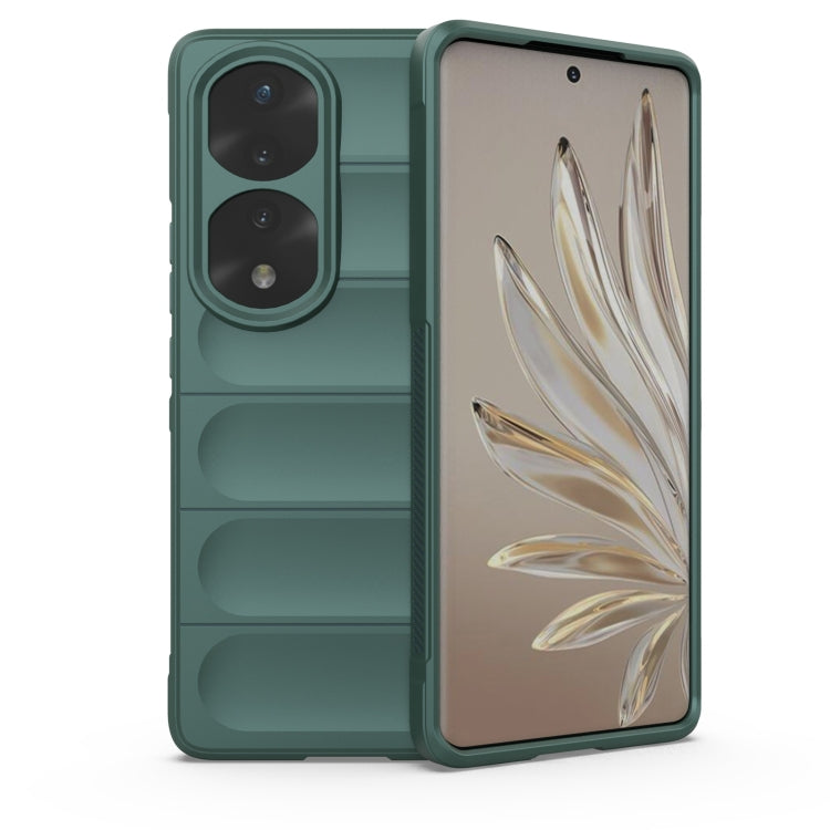 Green phone case with camera and button cutouts and raised edges