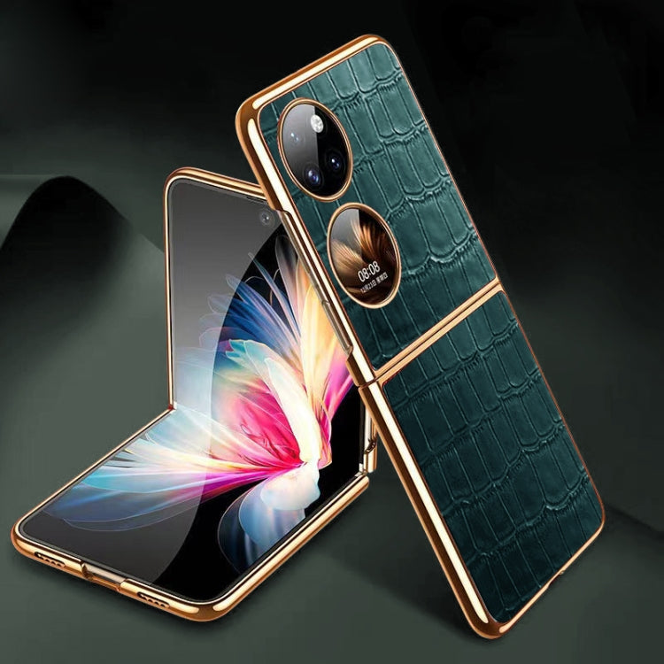 Green crocodile-texture folding phone case with dual camera cutouts and gold trim