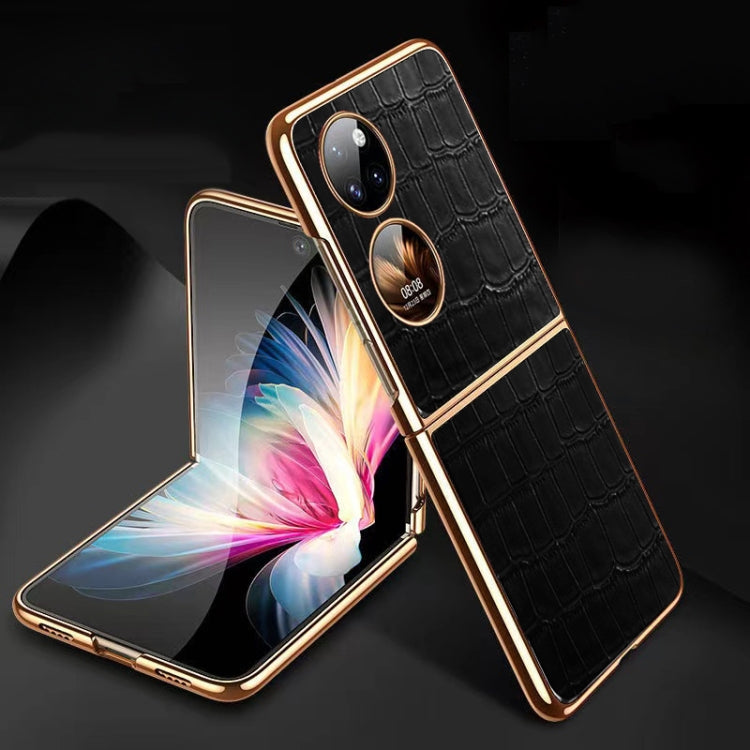 Black crocodile-texture folding phone case with gold edges and dual camera cutouts