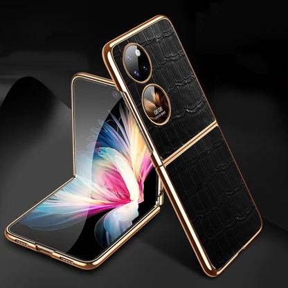 Black crocodile-texture folding phone case with gold edges and dual camera cutouts