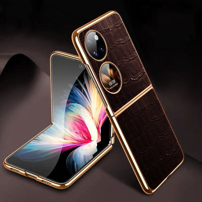 Brown crocodile-texture folding phone case with gold trim and dual camera cutouts