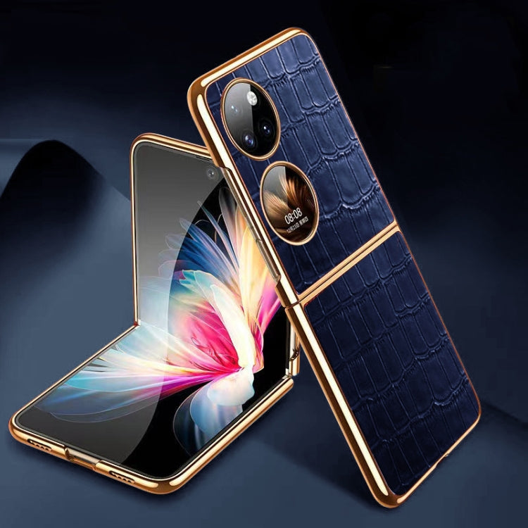 Blue crocodile-texture folding phone case with gold trim and dual camera cutouts