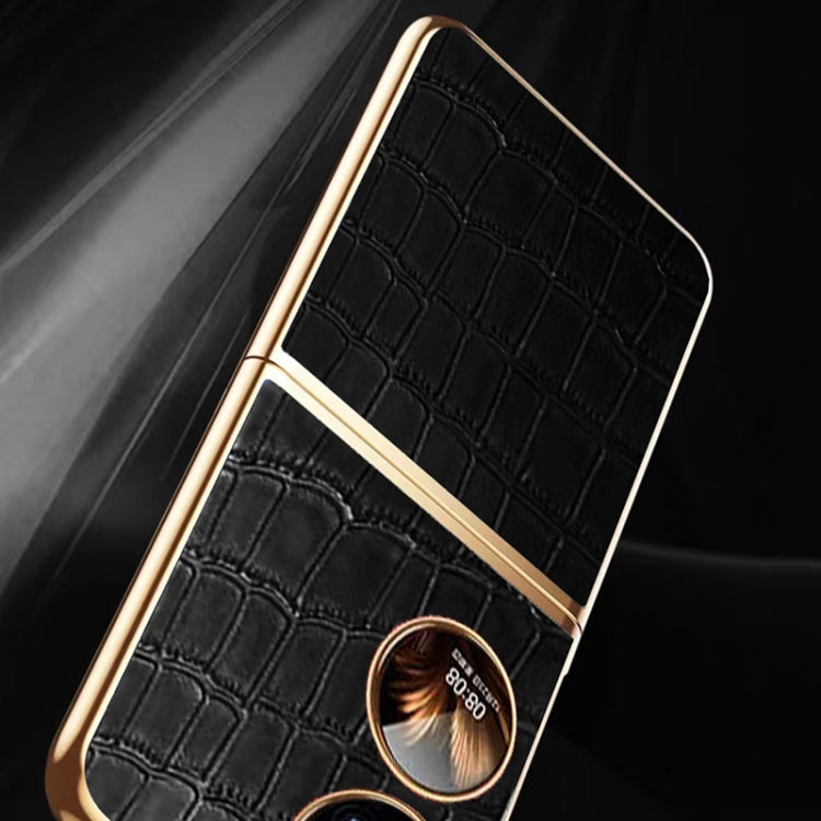 Black crocodile-texture folding phone case back with circular ring panel and gold edge