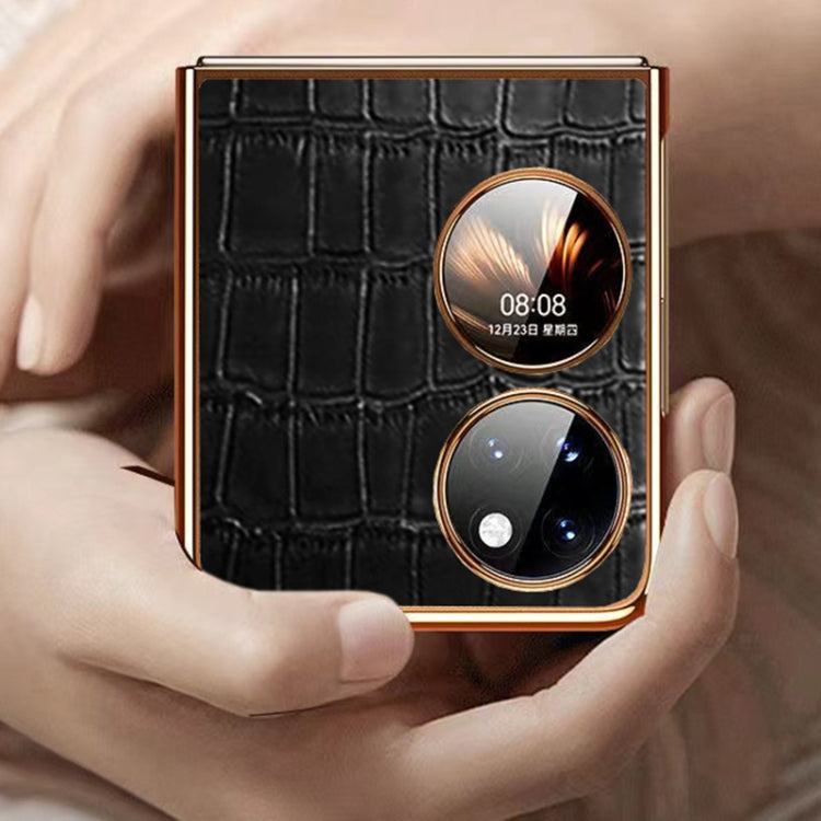 Black crocodile-texture folding phone case back with two circular camera panels