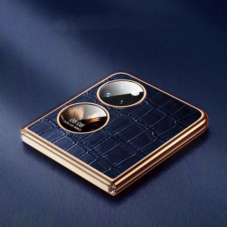 Blue crocodile-texture folding phone case with gold trim and dual camera openings