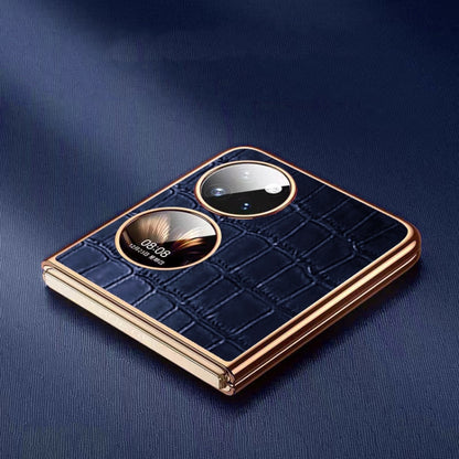 Blue crocodile-texture folding phone case with gold trim and dual camera openings