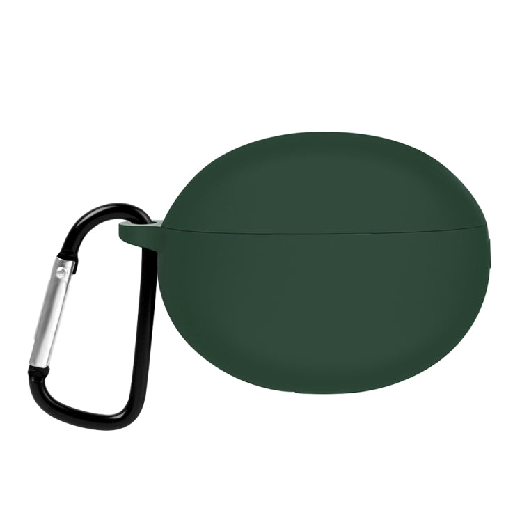 Dark green silicone earphone case with carabiner clip and hinge lid cover.