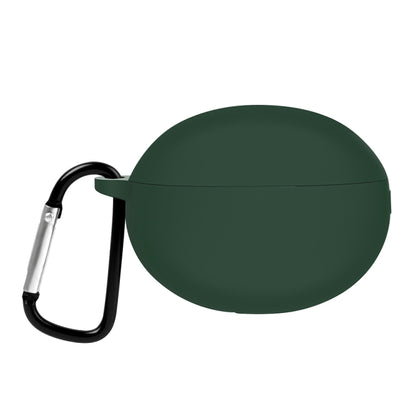Dark green silicone earphone case with carabiner clip and hinge lid cover.