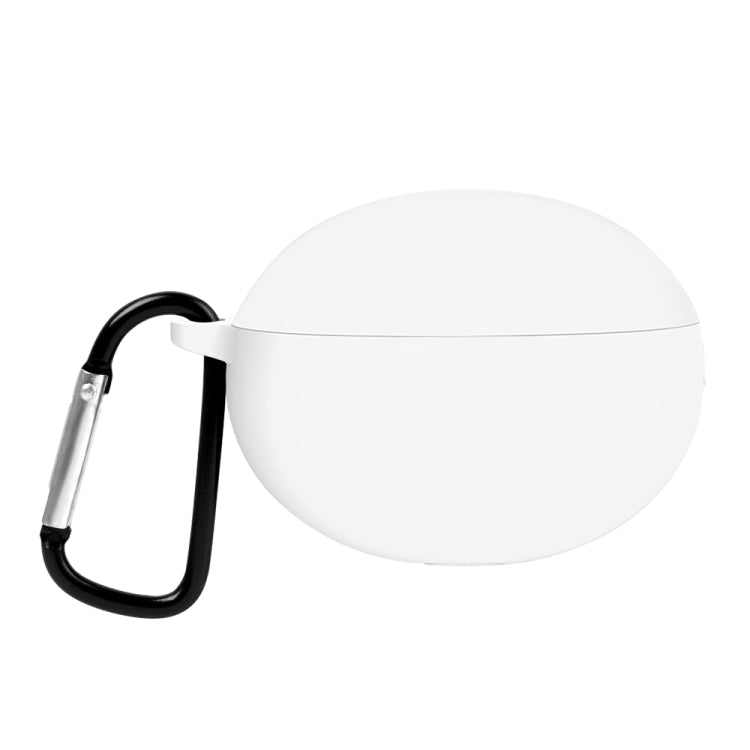 White silicone earphone case with carabiner clip and hinge lid cover.