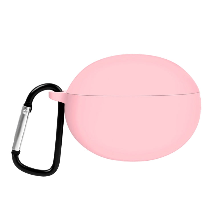 Pink silicone earphone case with carabiner clip and hinge lid cover.