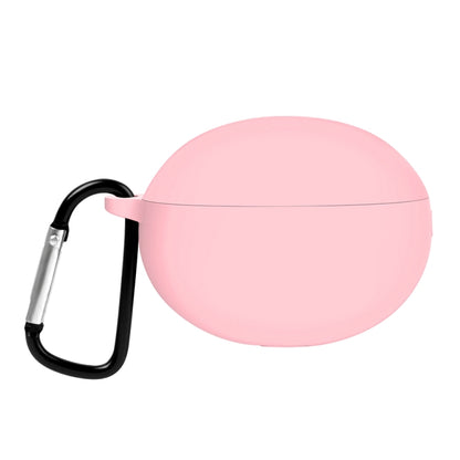 Pink silicone earphone case with carabiner clip and hinge lid cover.