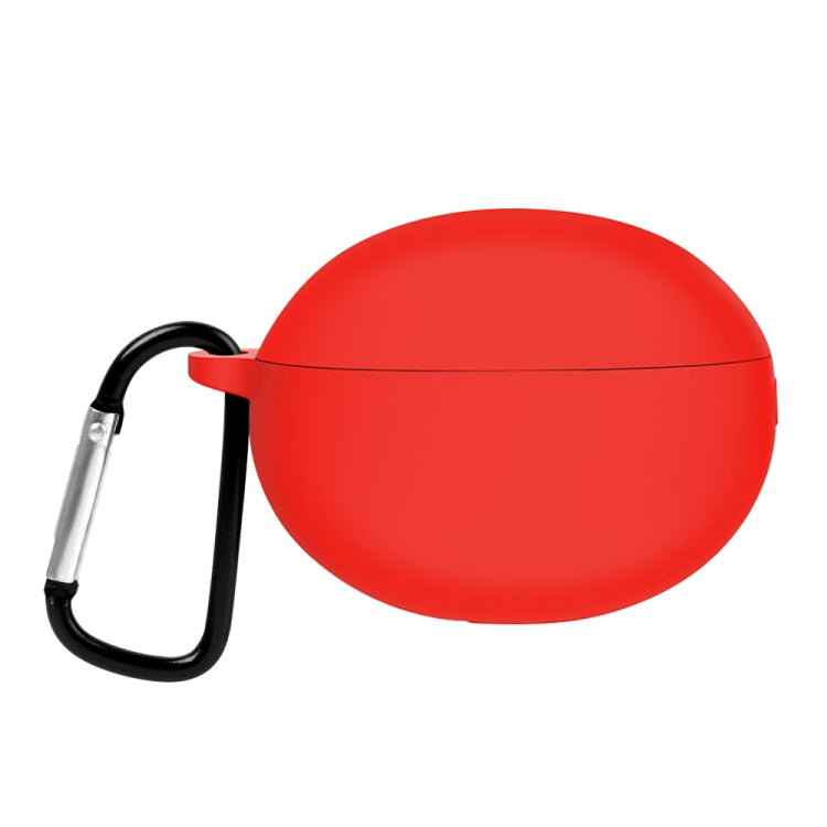 Red silicone earphone case with carabiner clip and hinge lid cover.