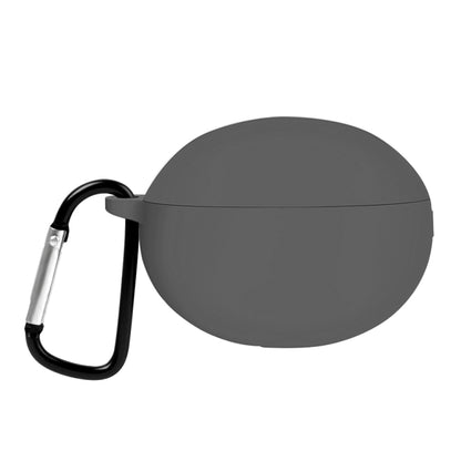 Grey silicone earphone case with carabiner clip and hinge lid cover.
