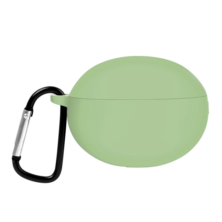 Light green silicone earphone case with carabiner clip and hinge lid cover.