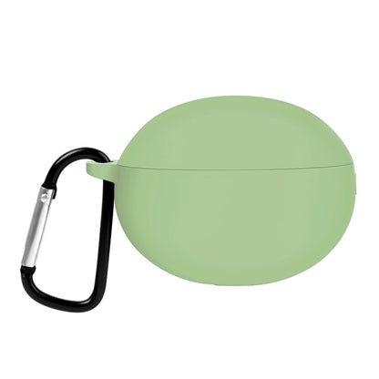Light green silicone earphone case with carabiner clip and hinge lid cover.