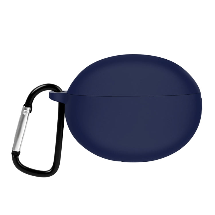 Midnight blue silicone earphone case with carabiner clip and hinge lid cover.