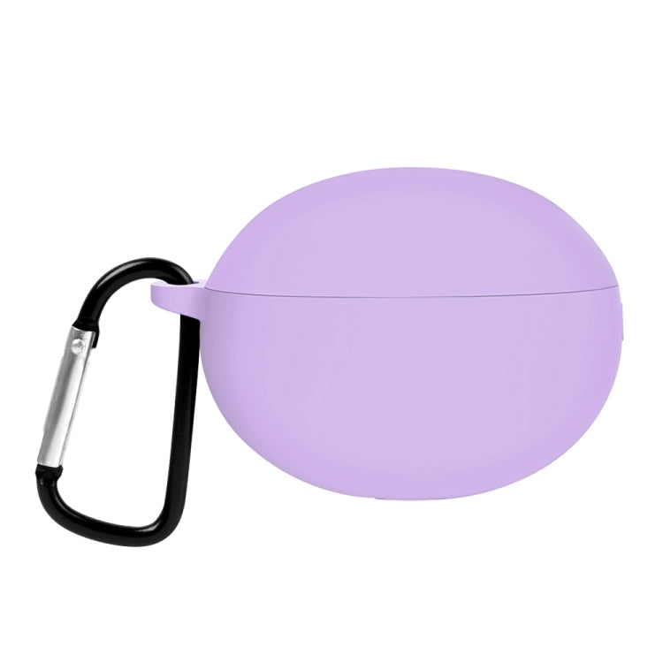 Purple silicone earphone case with carabiner clip and hinge lid cover.