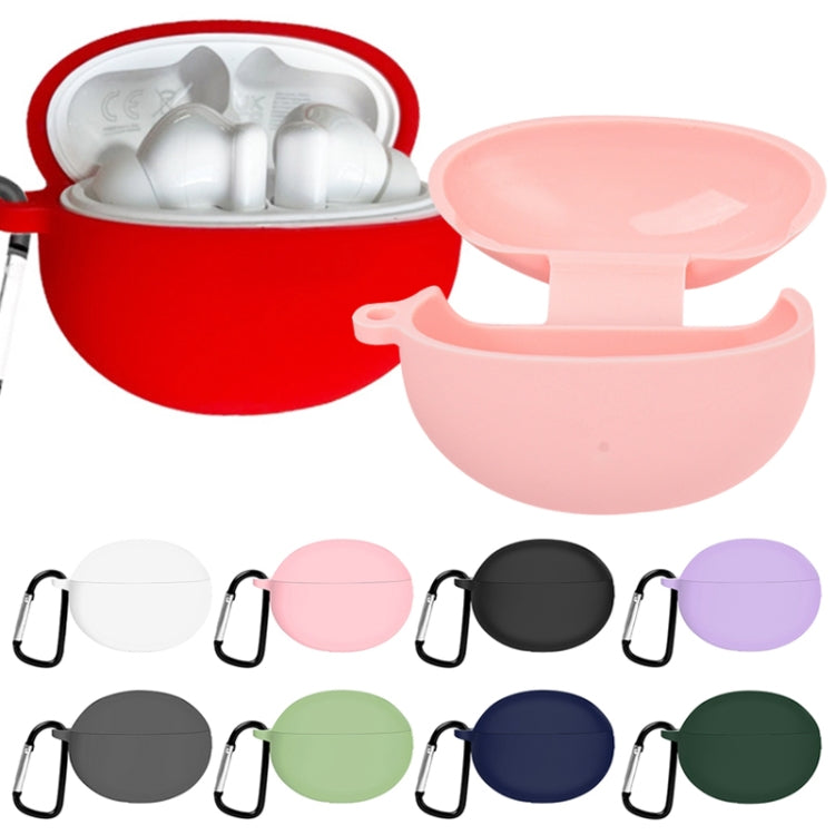 Assorted silicone earphone cases in red, pink, black, purple, and more with clips shown.
