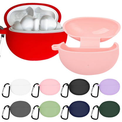 Assorted silicone earphone cases in red, pink, black, purple, and more with clips shown.
