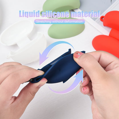 Blue liquid silicone earbud case with earbuds inside, protective lid shown