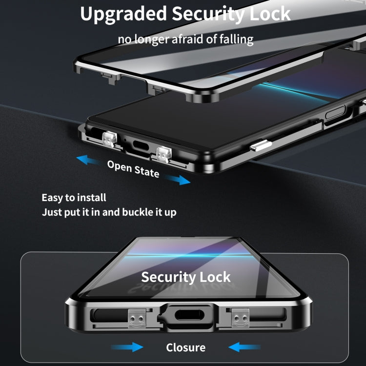 Black tempered glass phone case with secure magnetic lock and hinged closure