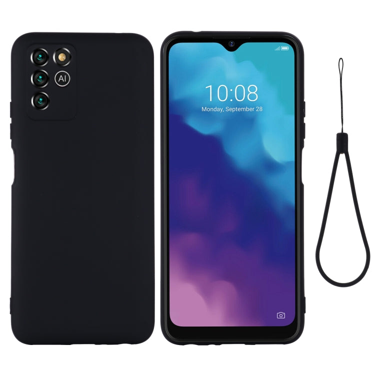 Black liquid silicone shockproof phone case with lanyard, full coverage, camera cutouts