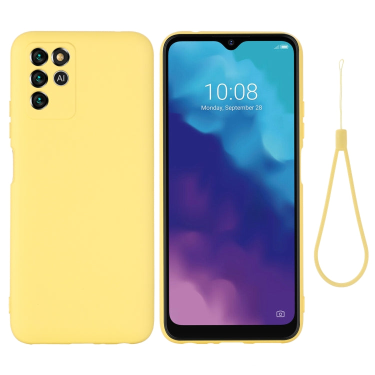 Yellow liquid silicone shockproof phone case with lanyard, full coverage, camera cutouts