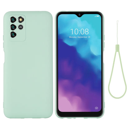 Mint green liquid silicone shockproof phone case with lanyard, full coverage, camera cutouts