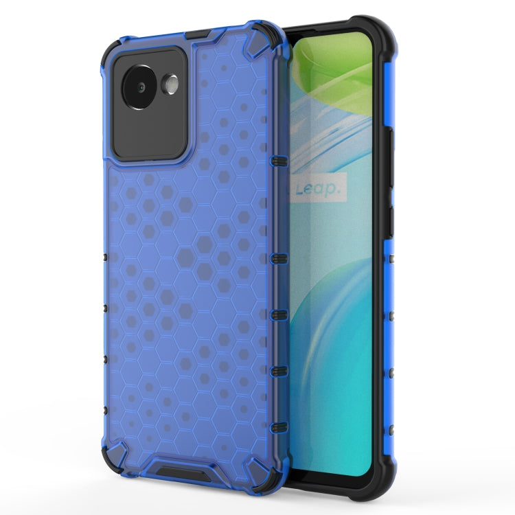 Blue honeycomb protective phone case with TPU bumper, covers camera and side buttons