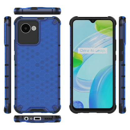 Shockproof phone case set showing front, back, and side with blue honeycomb texture