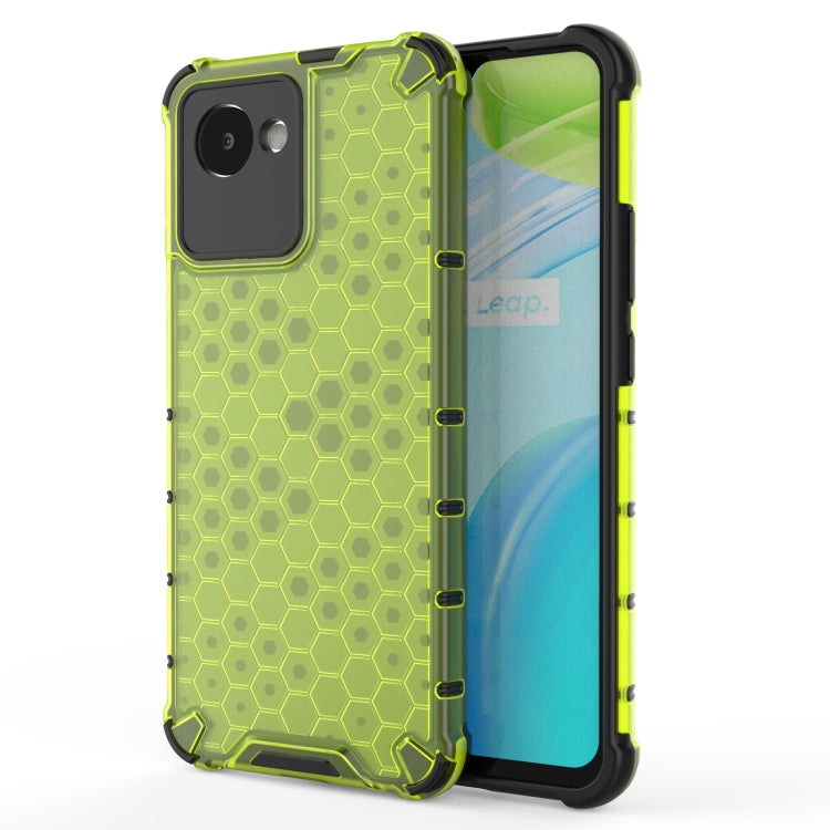 Green honeycomb protective phone case with raised TPU corners and cutouts for camera and ports