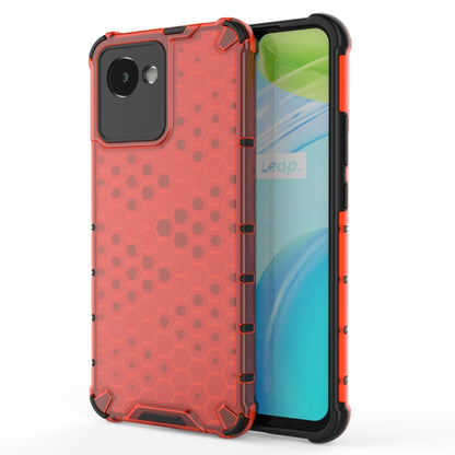 Red honeycomb protective phone case with black TPU frame and camera cutout