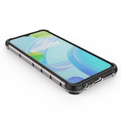 Blue phone case with honeycomb texture and TPU bumper, angled view of the edges