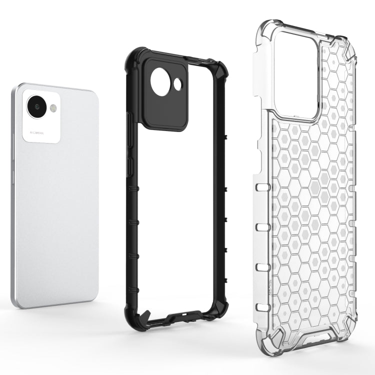Phone case front and back views: black and white honeycomb protective covers with cutouts