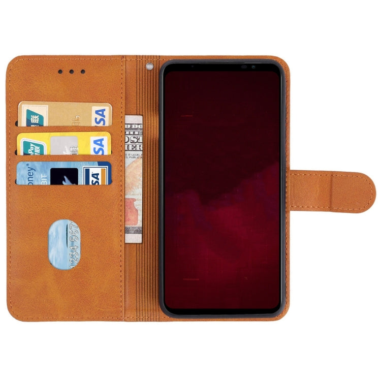 Brown leather flip wallet phone case with card window and protective inner cover.