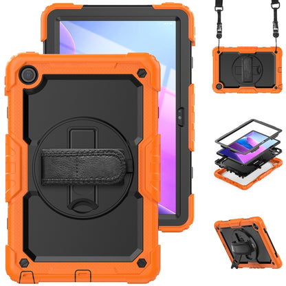 Orange rugged tablet case with rotating kickstand and hand strap, for 10.6-inch tablets