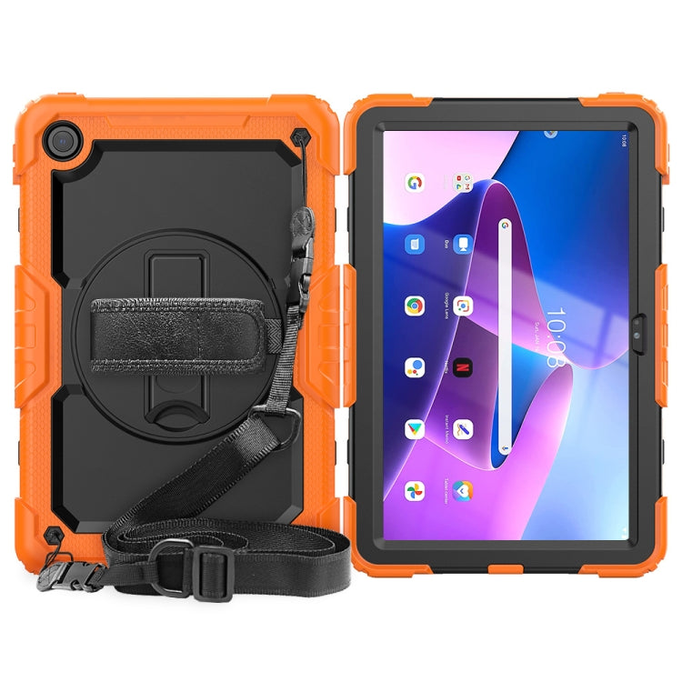 Orange rugged tablet case with rotating kickstand, hand strap and pencil holder