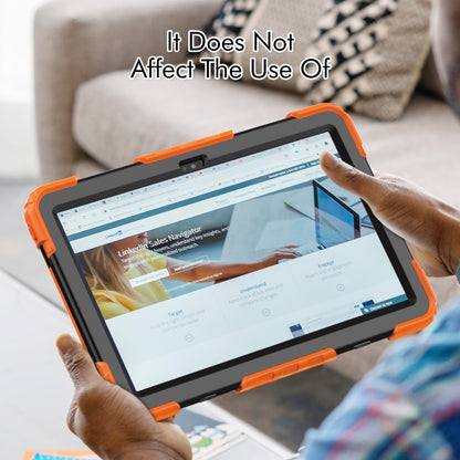 Orange rugged tablet case with hand strap, protecting a tablet in use