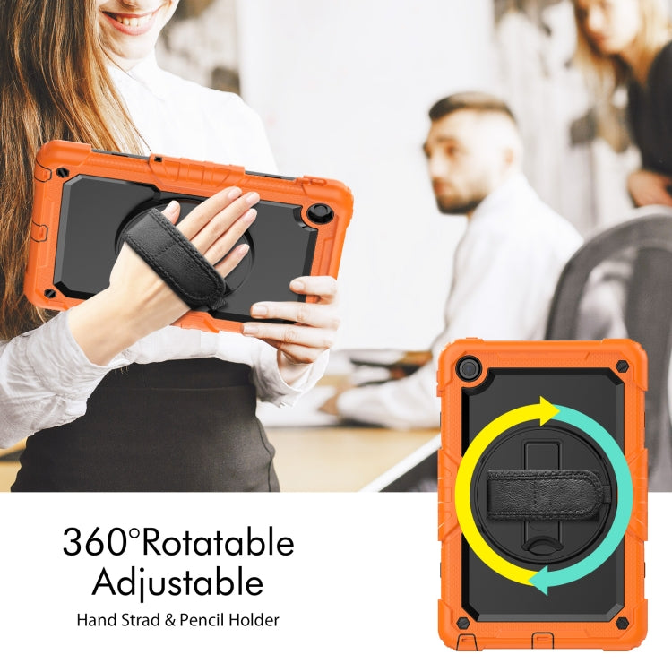 Orange rugged tablet case with 360-degree rotatable adjustable kickstand and hand strap