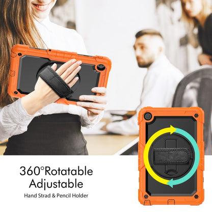 Orange rugged tablet case with 360-degree rotatable adjustable kickstand and hand strap